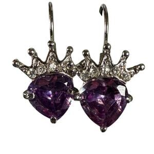 Drop Earrings Silver Tone Heart Amethyst February Birthstone Princess Crown Y2K